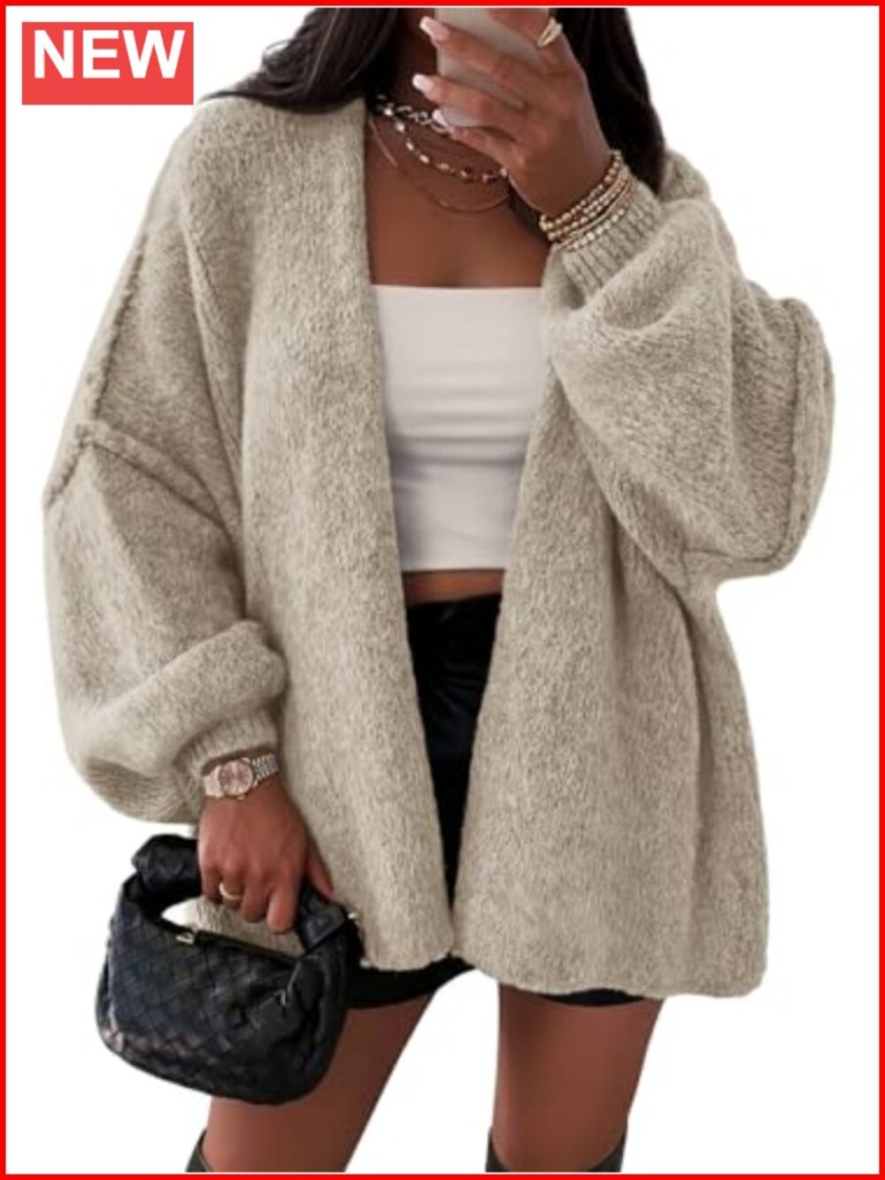 Women's Oversized Cardigan Sweater - Lightweight Knit Open Front Lantern Sleeve